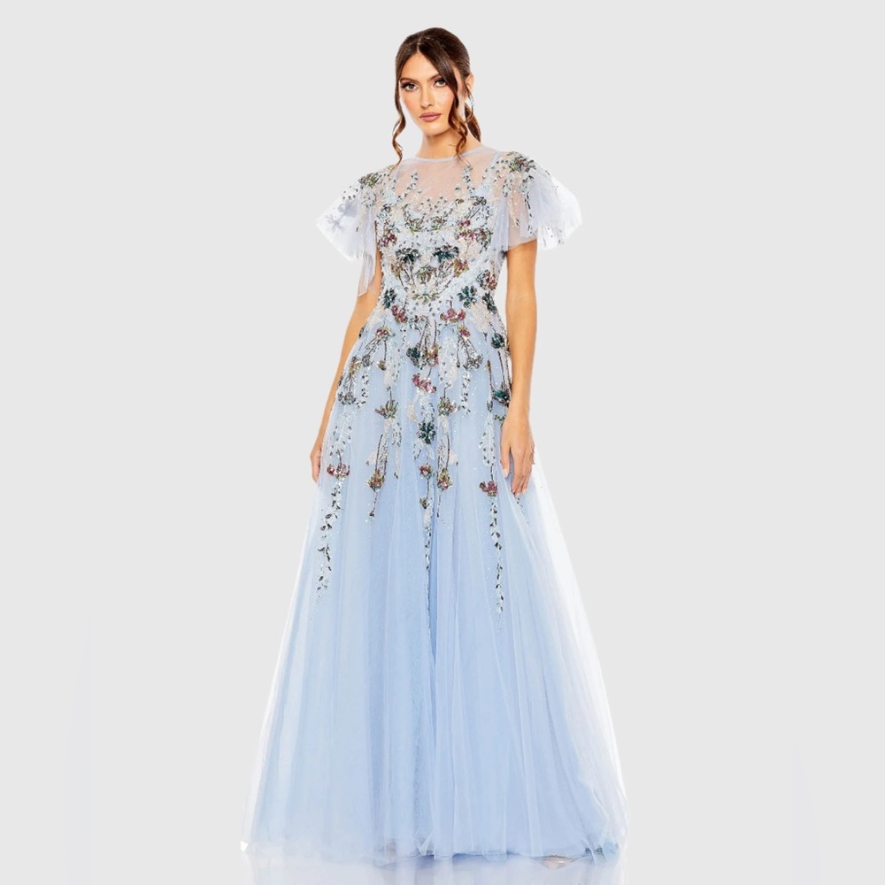 NWT $998 MAC DUGGAL Embellished Multi Color Flutter Sleeve A-Line Dress GOWN